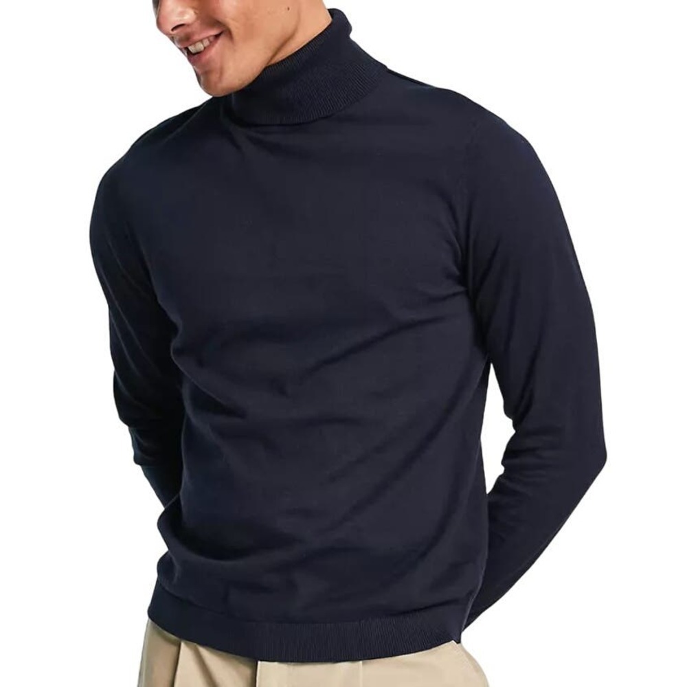 ASOS Design Lightweight Knitted Cotton Roll Neck Jumper in Navy, Size M​​​​​​